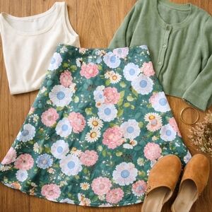 Haystacks Reversible Floral Bias Skirt | Blue Toile & Green Garden Print | Small